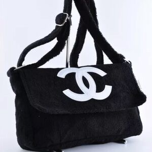 Chanel Precision Novelty Terry Cloth Messenger Shoulder Black CoCo Mark Handbags